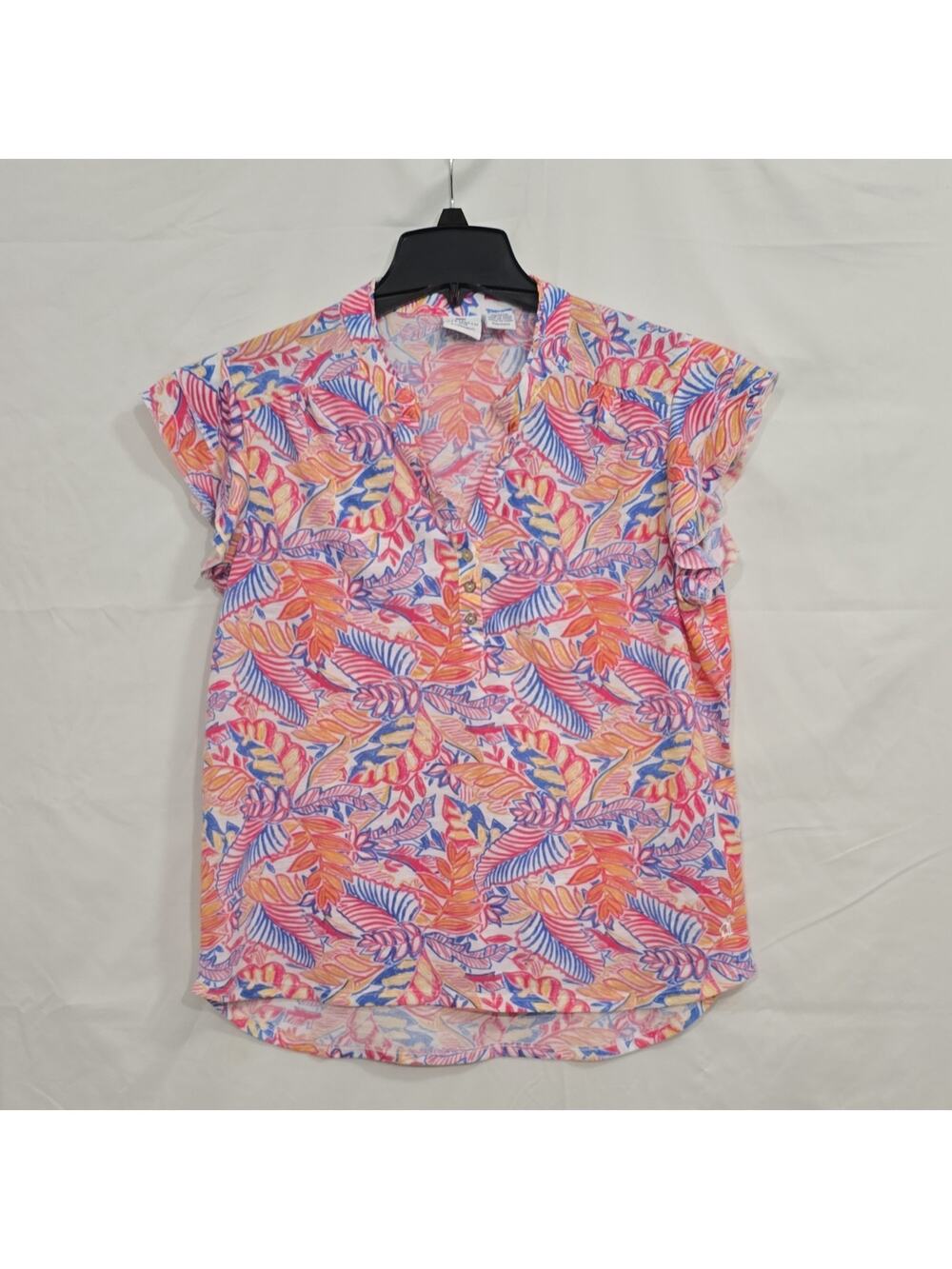 Caribbean Joe & Company Womens L Multicolor Floral V-Neck Knit Button Blouse
